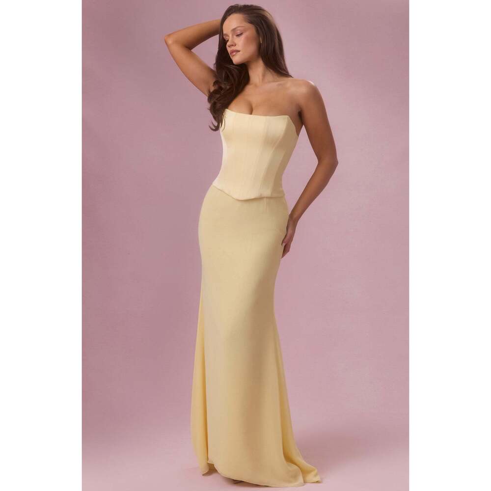 Oh Polly Satin Corset Bridesmaid Dress in Butter Yellow 0